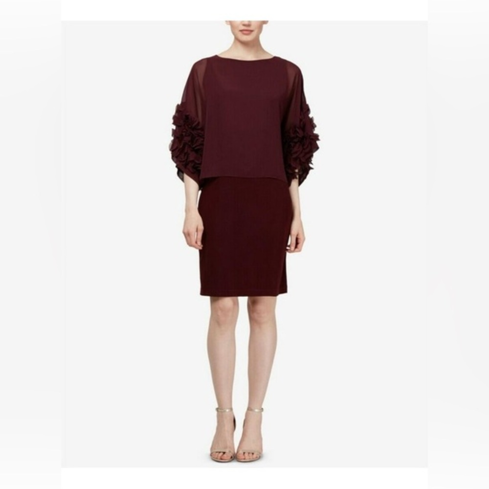 Women's Midi Dress with Ruffle Sleeve Detail - Burgundy